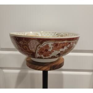 Vintage Porcelain Bowl Gold Imari Hand-Painted Sz 8.5" Asian Decor Red & White